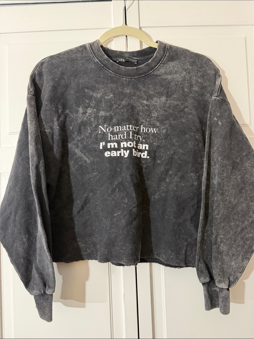 Zara Gray Mineral-Wash Cropped Sweatshirt with White Text